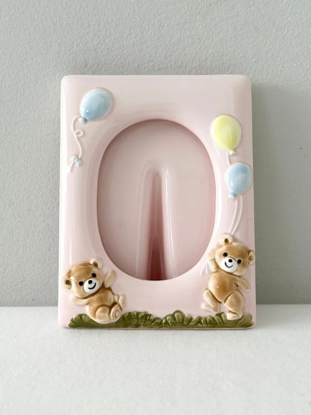 Vintage NORCREST Teddy Bear Photo Frame Ceramic Pink 80s Baby Nursery Picture